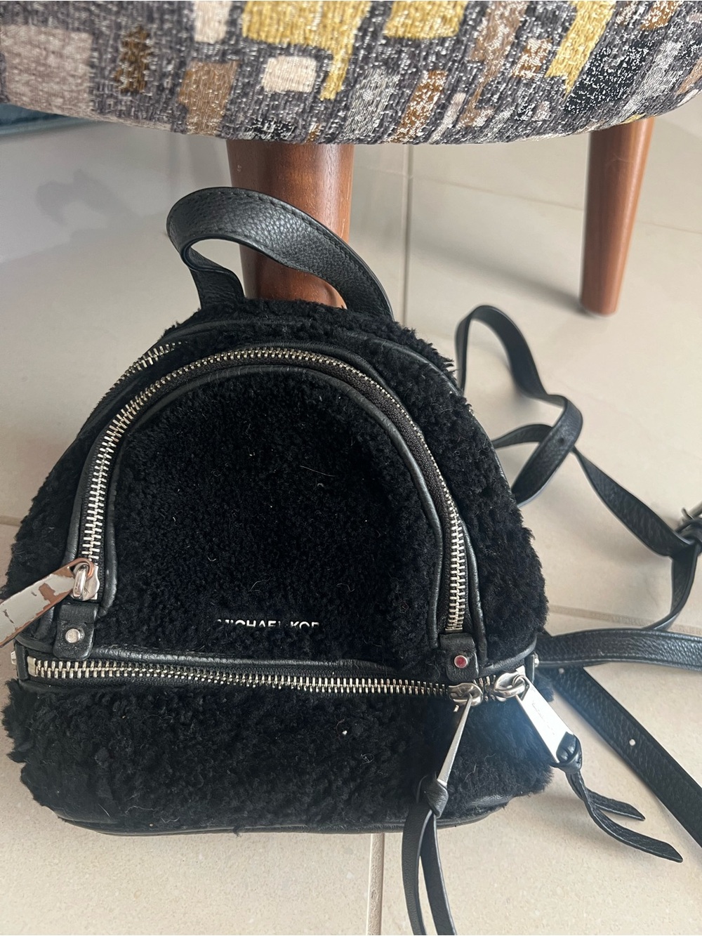 Michael Kors Rhea Medium Suede and Faux Shearling Backpack Black Backpack